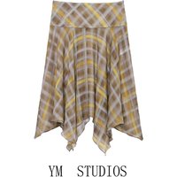 Retro Plaid Asymmetrical Skirt Women's Fashion Artistic Midi Skirt Standard Fit Polyester Fiber Printed Skirt