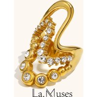 La. Muses Shiny Zircon 3-layer Stainless Steel Wave Line Ring PVD Plated Trendy Daily Jewelry Accessories Gift