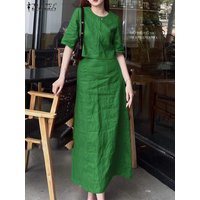 ZANZEA Women Solid 2PCS Dress Sets Casual Short Sleeve Crop Tops Suit Fashion Long Skirts Outfits Holiday Simple Matching Sets