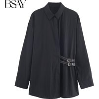 BSAY black oversize poplin shirt women clothing 2025 full new long-sleeved blouses Trip strap embellished chic ladies tops mujer