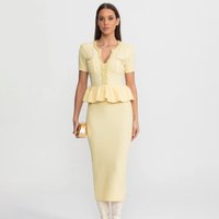 Elegant Sweet Waffle Knit Peplum Midi Dress Set Women V Neck Short Sleeve Split Bodycon 2026 Lady New Office Lady Slim Vestido