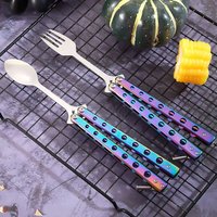 New Stainless Steel Butterfly Folding Spoon Fork Outdoor Camping Balisong Training Tool Tableware Practice Training Kitchen Tool