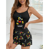 Women's 2-piece set of Disney Mickey and Friends cartoon printed pattern camisole top and shorts pajamas home wear