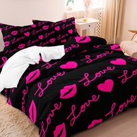 3pcs Valentine'S Day/Romantic Pink Love Lips Print Cover Cartoon Duvet Cover, for Bedroom Decor Bedclothes