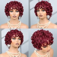 Burgundy 99J Short Human Hair Wigs for Black Women Pixie Cut Wig Human Hair Machine Made Glueless Short Curly Wigs With Bangs