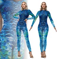 Women Sexy Halloween Peacock Feather Print Jumpsuits Elastic Sexy Slim Bodysuit Long Sleeves Outfit Funny Adult Cosplay Costume