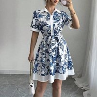 Dresses for Women New Summer Short Sleeve Turn Down Collar Women Dress Lace-up Print Dress Women Vestidos De Verano Mujer Q4136