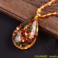 Fragmented Flower Drop Pendant Sweater Chain Beeswax Amber Original Stone Rainbow Chain Necklace for Men and Women Amber Pendant