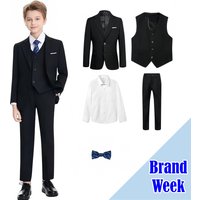 Notched Boy's Suit Set for Kids 3-14 Yrs, One Button Black Suit Jacket Vest Pants and T Shirt, Communion Tuxedo 4-Piece Suits
