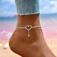 Shiny Bling Heart Drop Tassel Charm Double Layer Anklet Women Beach Foot Chain Vacation Jewelry Summer