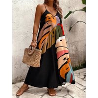 Summer new plant print casual versatile plus size women's suspender dress for beach wear