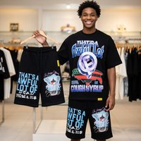 That'S A Awful Lot of Cough Syrup Men 2026 Oversized 2 Piece Short Set Graphic Tee Shorts Streetwear Hip Hop Casual Outfit Black