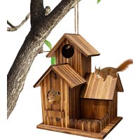 Squirrel Feeder Three-Room Design Wooden Food Outdoor Station Squirrel Houses Picnic Table with Flexible Roof for Garden Tree