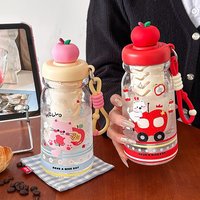 600ML Summer Cute Cartoon Water Bottle with Straw Tea Infuser Plastic Leakproof Cup Apple Dust Cap & Lanyard Portable Office Cup