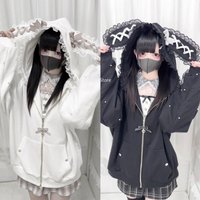 Jirai Kei Bunny Ears Hoodie Bow Pearl Lace Ryousan Kei Long Sleeve Zip Jacket Y2K Subculture Dark Kawaii Cute Coat JapaneseStyle