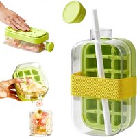 2 in 1 Press Type Cooling Cup Water Bottle with Ice Mold No Touch Ice Maker with Lid for Whiskey Cocktails Reusable Portable