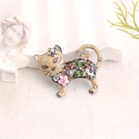 Vintage Cat Enamel Brooch, Antique Silver-Tone Floral Rhinestone Design, Women's Cute Animal Fashion Accessory for Daily Gift