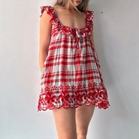 2026 Sexy Ruffle Edge Holiday Mini Dresses Sweet Playful Suspenders Beach Dress Plaid Print Sleeveless Loose Women's Short Dress