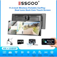 Tragbare ESSGOO 11.3" 4K Ultra HD Anzeige Wireless CarPlay LKW Autoradio Android Auto Doppellinsen-Dashcam-Rekorder 1080p Heckkamera GPS Bluetooth FM Subwoofer Mirror Link Lenkradsteuerung