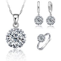 925 Sterling Silver Color Wedding Jewelry Sets for Women Big Stone CZ Cubic Zirconia Necklace/ Earring/ Ring Set Size 5-10