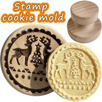 Wooden Cookie Stamp Cookie Mold for Christmas, with Reindeer Snowman Pattern, Round Embosser Baking Tools for Biscuit Cutter