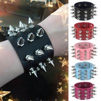 Punk Style Three Row Cuspidal Spikes Rivet Stud Wide Cuff PU Leather Gothic Rock Unisex Bracelet Men Jewelry Christmas Gift