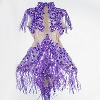 Sparkle Purple Rhinestones Mesh Tassels Leotard Drag Queen Bodysuit Stage Singer Performance Femme Sexy Gogo Costume NightClub