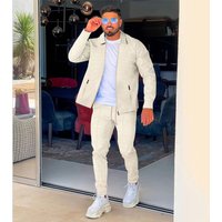 Men's 2 Piece Waffle Knit Outfit, Zip Up Turn-Down Collar Jacket and Drawstring Straight Leg Pants, Casual Co Ord Set