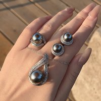 New in silver 925 inlaid diamonds grey pearl jewelry sets simple and high-quality wedding water droplet ring earring necklace