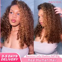 12A P4/27 Honey Blonde Burmese Curly Half Wig 220% Density Human Hair Drawstring Seamless Clip Beginner Friendly Curly Wigs