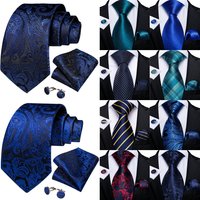 Dark Blue Ties for Men Striped Paisley Floral Wedding Party Formal Necktie Handkerchief Cufflinks Gift Dropship
