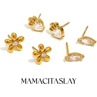 MamacitaSlay Delicate Zircon Flower Crown Horse Eye Stainless Steel Earrings Mini 18K Gold Plated Stud Earrings Fashion Jewelry