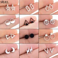 Multiple Mini Geometric Stud Earrings Black Stainless Steel Round Star Moon Earings Fashion Jewelry Women Men Minimalist Earing
