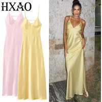 HXAO Yellow Dresses Women Satin V Neck Midi Dress Summer Backless Strap Slip Dresses Elegant Evening Party Dress 2025 Vestidos