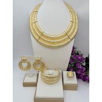 Italian Gold Plated Design Nigerian Style Necklace Earrings Bangle Ring Woman Jewerlry Set