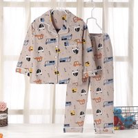 Children's Spring Soft Cotton Pajamas Set Boys Girls Cute Cartoon Print Long Sleeve Lapel Sleepwear Baby Casual Loose Nightwear