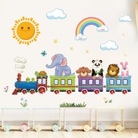 1Pc Cute Sun Rainbow Cartoon Animal Riding Train Wall Stickers for Kids Room Wall Decals Bedroom Decoration Home Decor