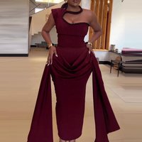 Sexy Slanted Shoulder Beading Decoration Dress Fashion Solid Asymmetry Evening Party Dress Elegant Lady Fit Ribbon Banquet Dress