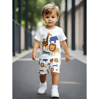 Boys’ zoo print two-piece set: fresh tee + loose shorts, cover kids’ comfort and natural playfulness