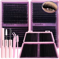 Volume Cluster Eyelash Extension Kit: QUEENICE with Glue, Tweezers & Brush - Thick Lashes, -Eye & Fluffy DIY Lash Set