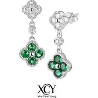 XCY Lab-grown Emerald Pendant Earrings for Women 925 Sterling Silver Elegant Four-leaf Clover Stud Party Wedding Fine Jewelry