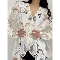 Chic Blouse Korean Loose Tops Women's Elegant V-Neck Lace Shirt Spring Fashion Hooked Floral Hollow out Design Versatile