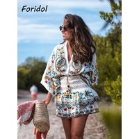 Batwing Sleeve Women Autumn Embriodery Paisley Print Skirt Set Outfits V Neck Button Tiered Mini Skirt Dress Suit Vintage Set