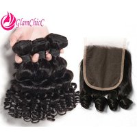 Premium 24 Inch 10A Virgin Hair Bouncy Curl Natural Color Human Hair 3 Bundles with 4x4 Lace Closure Double Weft Hair Extensions