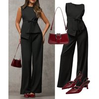 Women's Black Two Piece Set Sleeveless Round Neck Tie Asymmetric Hem Top Wide Leg Pants Set Spring Summer Office Elegant Outfit