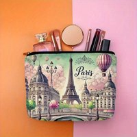 1pc Parisian Dreams Linen Makeup Bag - Eiffel Tower & Hot Air Balloon Design, Unscented, with Secure Zipper