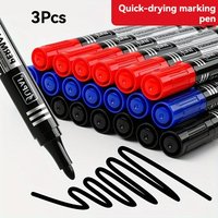 3Pc Permanent Marker Pens Bullet Tip Waterproof Ink Fast Dry Black Red Blue Marker for Office School Industrial Marking Supplies