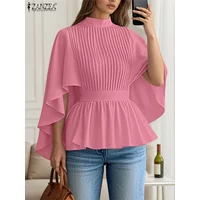 2025 ZANZEA Fashion Women Blouse 3/4 Sleeve Ruffled Tops Autumn Stand Collar Pleated Elegant Office Lady Shirts Korean Solid Top