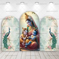 Mehofond Custom 2-Sided India Yashoda and Krishna Peacock Kids Birthday Baby Shower Cover Chiara Arch Background Decor Backdrop