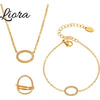 Liora Simple Stainless Steel Chain Necklaces Bracelets Rings For Women Zircon Hollow Oval Pendant Charm Jewelry Sets Party Gifts